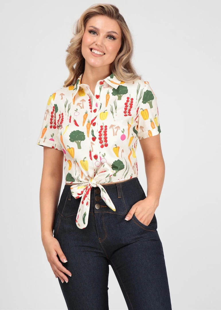 New In Collectif Sammy Vegetable Medley 50's Blouse Cream