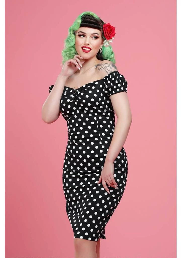 Collectif Dolores Polkadot 50's Pencil Dress Black New In
