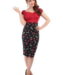New In Collectif Fiona 50's Cherry Pencil Skirt Black Red Multi