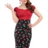 New In Collectif Fiona 50's Cherry Pencil Skirt Black Red Multi