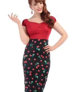New In Collectif Fiona 50's Cherry Pencil Skirt Black Red Multi
