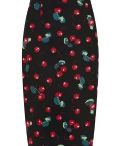New In Collectif Fiona 50's Cherry Pencil Skirt Black Red Multi