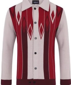 Collectif Men Luca Diamond Long Sleeve 60's Cardigan Red New In