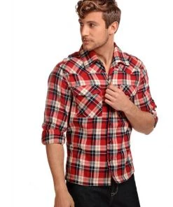 Collectif Men Tiago Mountain Check Shirt Red New In