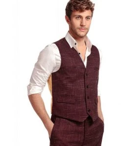 Collectif Men Max Crosshatch Waistcoat Burgundy