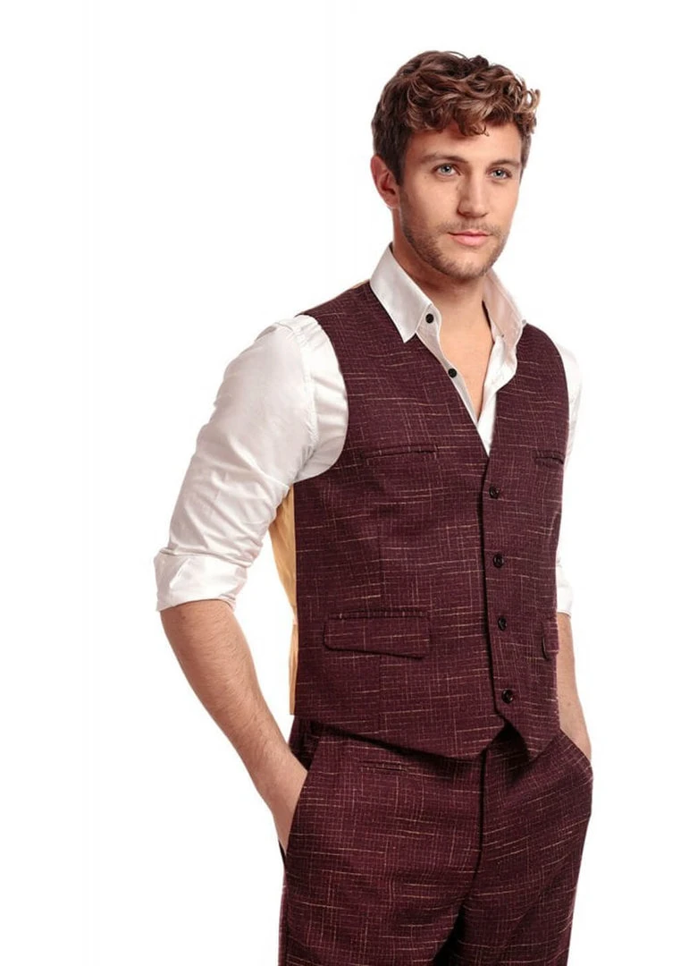 Collectif Men Max Crosshatch Waistcoat Burgundy