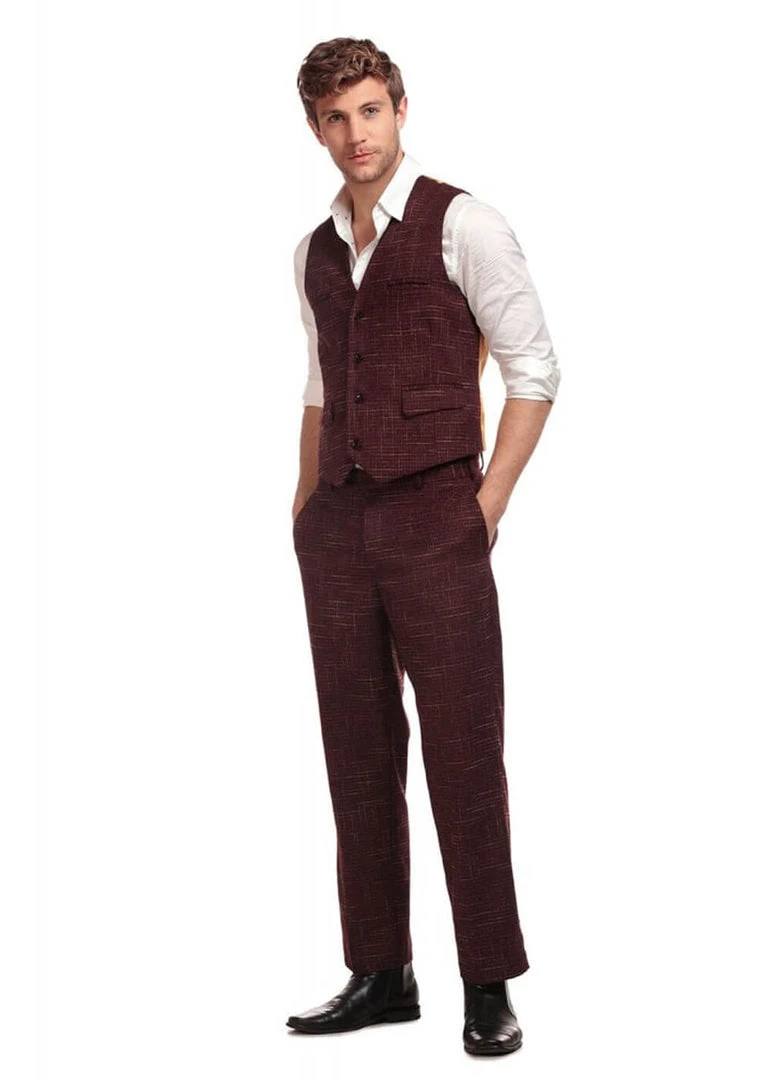 Collectif Men Max Crosshatch Waistcoat Burgundy