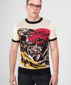 Collectif Men Scott Dino Attack Knitted 50's Top Cream New In