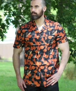 Collectif Men Oscar Pumpkins And Cats Shirt Black New In