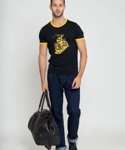 Collectif Mens Ringer Biker 50's T-Shirt Black Yellow