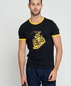 Collectif Mens Ringer Biker 50's T-Shirt Black Yellow