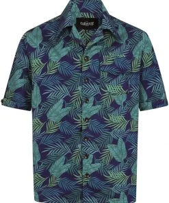 New In Collectif Mens Cesar Dark Palm Shirt Blue