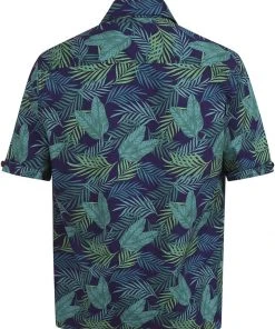New In Collectif Mens Cesar Dark Palm Shirt Blue