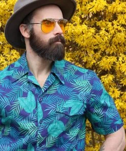 New In Collectif Mens Cesar Dark Palm Shirt Blue