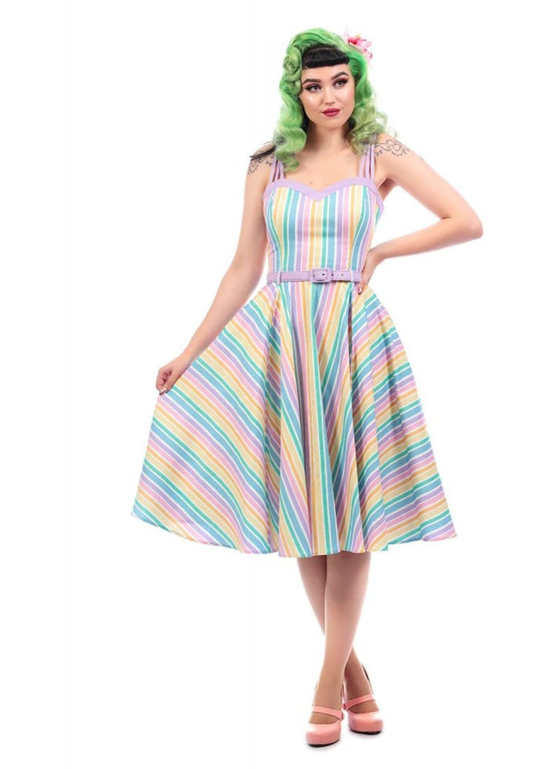 Collectif Nova Rainbow Stripes 50's Swing Dress Multi New In