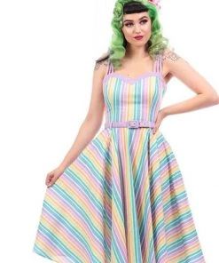 Collectif Nova Rainbow Stripes 50's Swing Dress Multi New In
