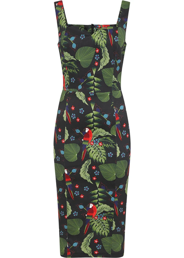 New In Collectif Anita Parrot Paradise 50's Pencil Dress Black