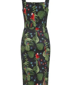New In Collectif Anita Parrot Paradise 50's Pencil Dress Black