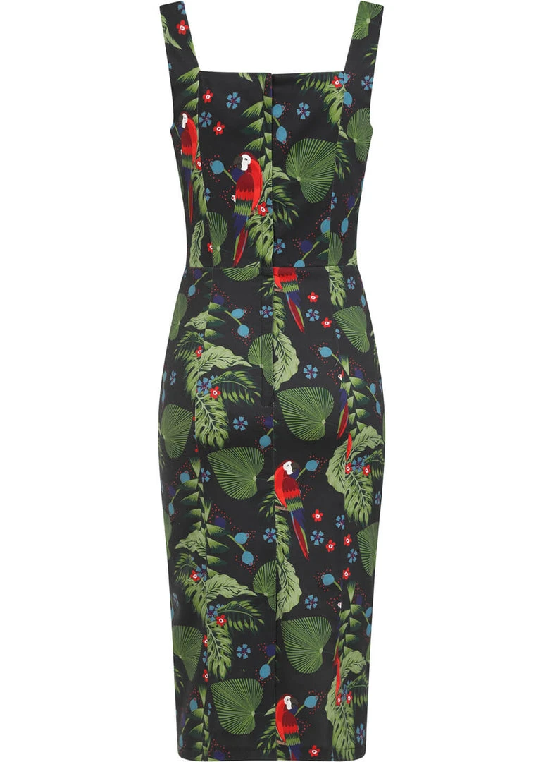 New In Collectif Anita Parrot Paradise 50's Pencil Dress Black