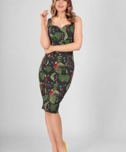 New In Collectif Anita Parrot Paradise 50's Pencil Dress Black