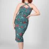 Collectif Kiana Hummingbird Eden 50's Pencil Dress Teal