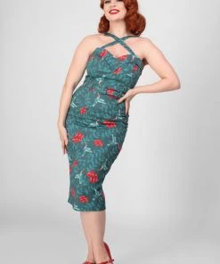 Collectif Kiana Hummingbird Eden 50's Pencil Dress Teal