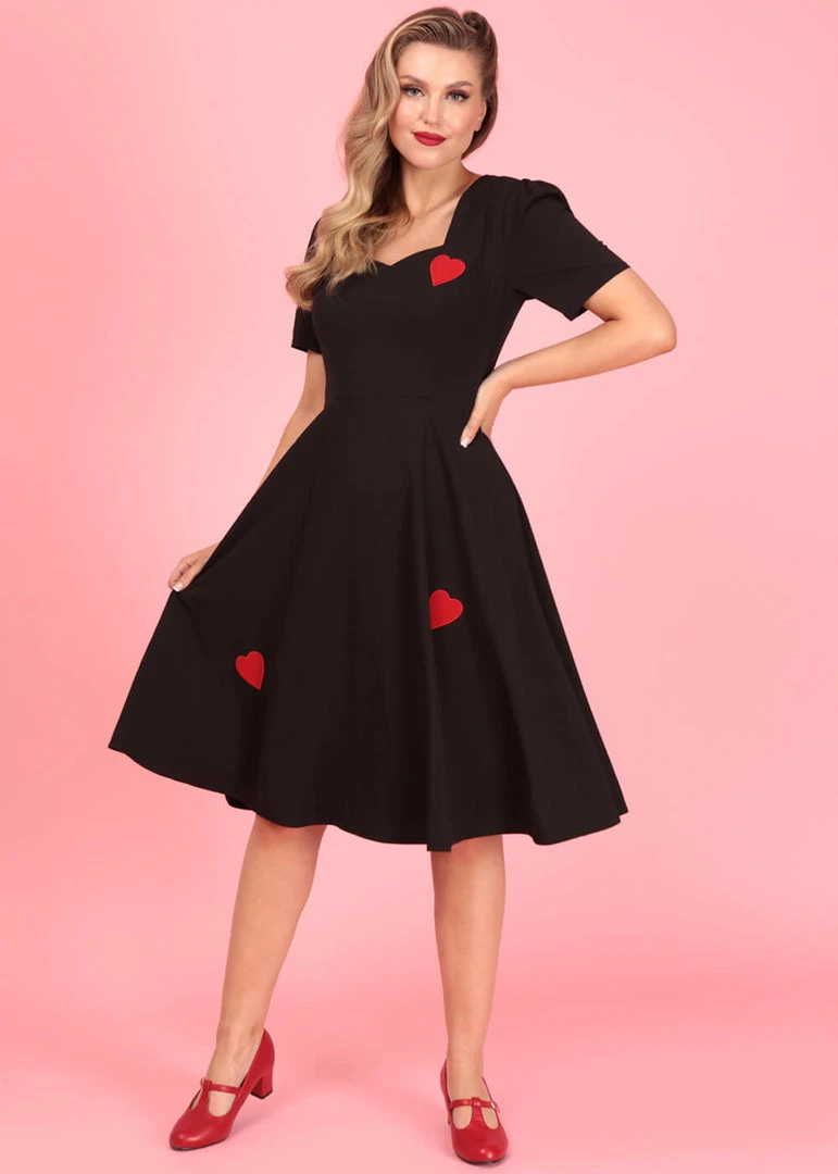 Collectif Valentine Hearts 50's Swing Dress Black New In