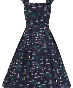 New In Collectif Jill Flamingo Palm 50's Swing Dress Navy