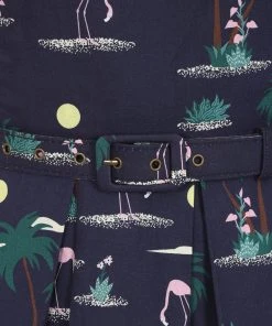 New In Collectif Jill Flamingo Palm 50's Swing Dress Navy