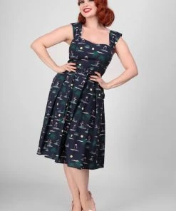 New In Collectif Jill Flamingo Palm 50's Swing Dress Navy