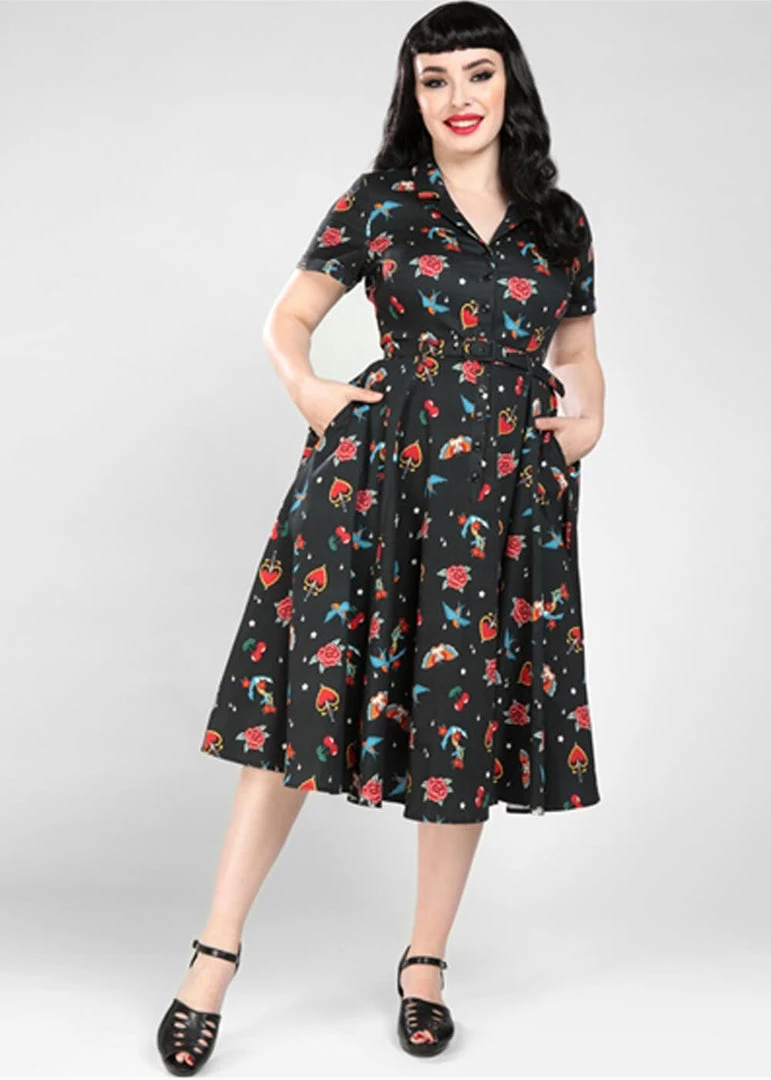 New In Collectif Caterina Old School 50's Swing Dress Black