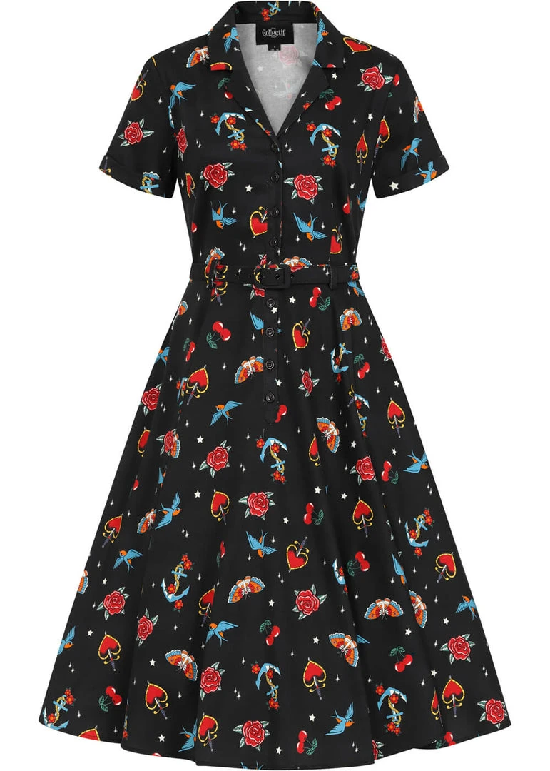 New In Collectif Caterina Old School 50's Swing Dress Black