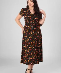 New In Collectif Riley Ditsy Tulip Bloom 40's Dress Black