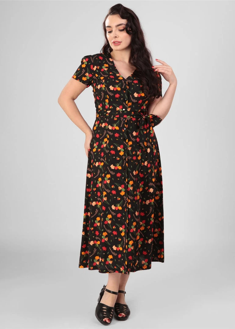 New In Collectif Riley Ditsy Tulip Bloom 40's Dress Black