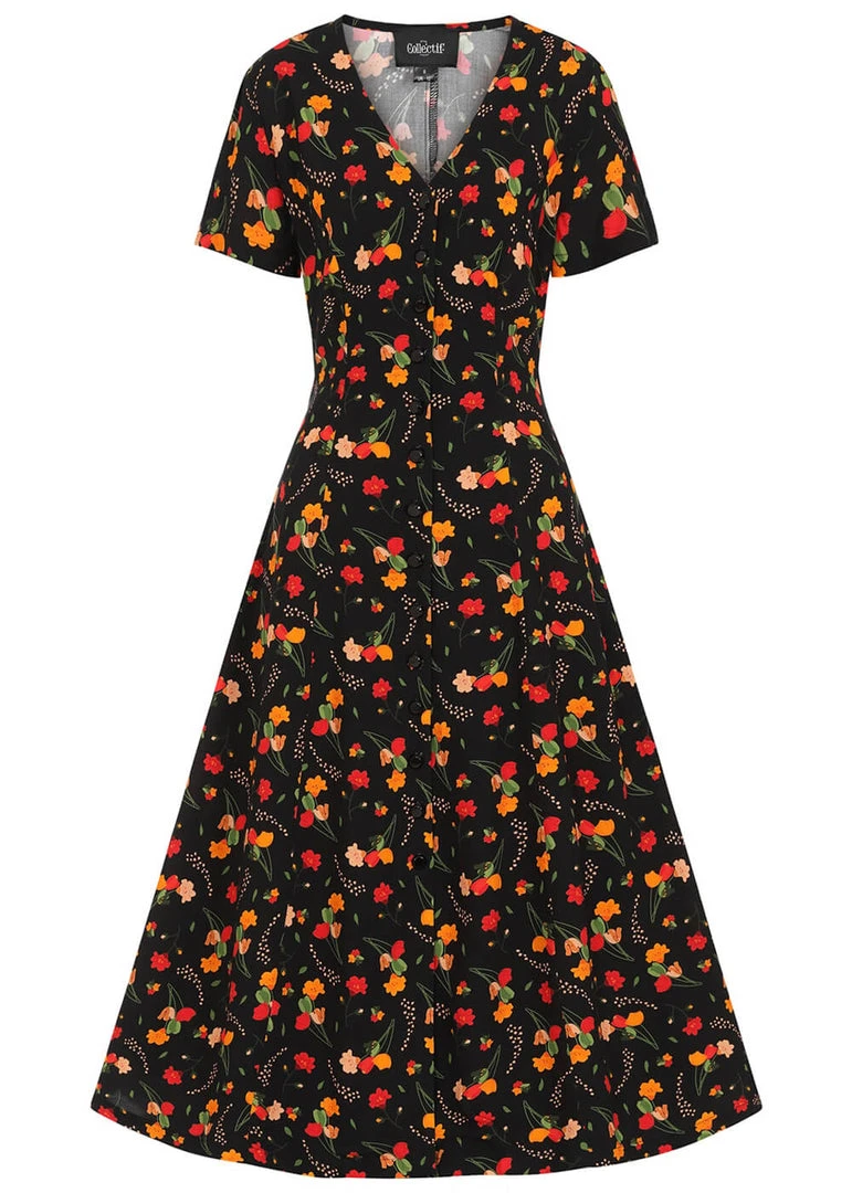 New In Collectif Riley Ditsy Tulip Bloom 40's Dress Black