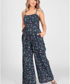 New In Collectif Edda Flamingo 70's Palm Jumpsuit Navy Blue