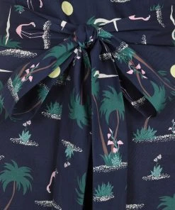 New In Collectif Edda Flamingo 70's Palm Jumpsuit Navy Blue