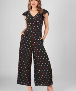 Collectif Thelma Rainbow Polka Dot 70's Jumpsuit Black