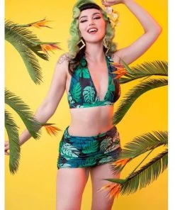 Collectif X Playful Promises Green Palm 50's Bikini Top Multi Colour New In