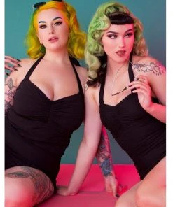 New In Collectif X Playful Promises Mesh Overlay 50's Swimsuit Black