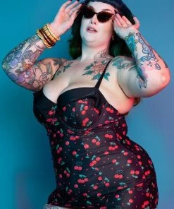New In Collectif X Playful Promises Cherry Love 50's Swimsuit Black