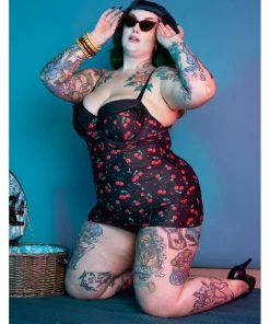 New In Collectif X Playful Promises Cherry Love 50's Swimsuit Black