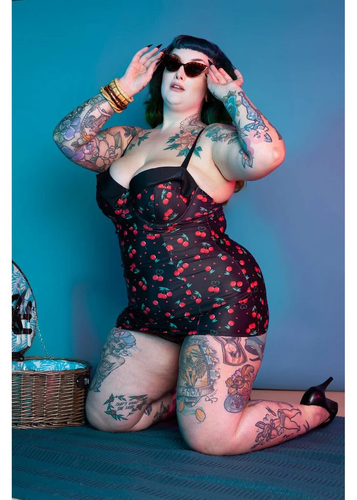 New In Collectif X Playful Promises Cherry Love 50's Swimsuit Black