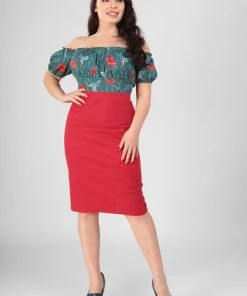 Collectif Polly Textured Cotton 50's Pencil Skirt Red