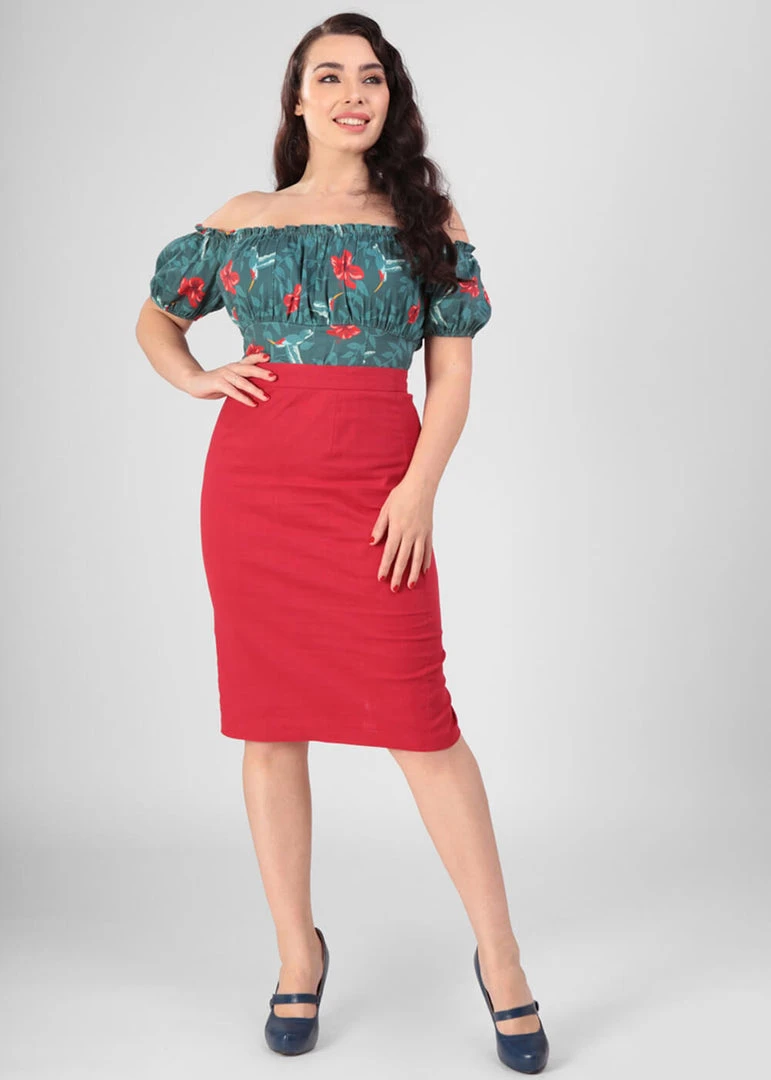 Collectif Polly Textured Cotton 50's Pencil Skirt Red