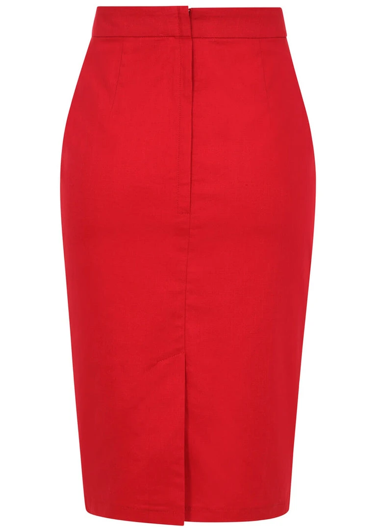 Collectif Polly Textured Cotton 50's Pencil Skirt Red
