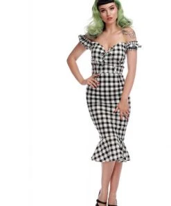 Collectif Sasha Vintage Gingham 50's Fishtail Dress Black