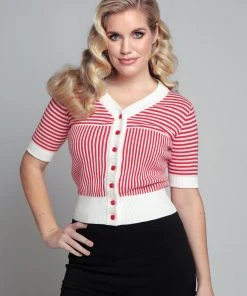 New In Collectif Ludovica Striped 40's Cardigan Red White