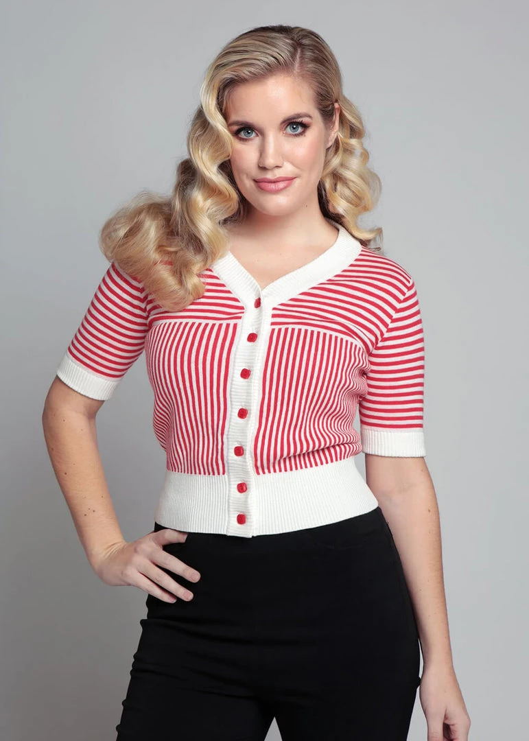 New In Collectif Ludovica Striped 40's Cardigan Red White