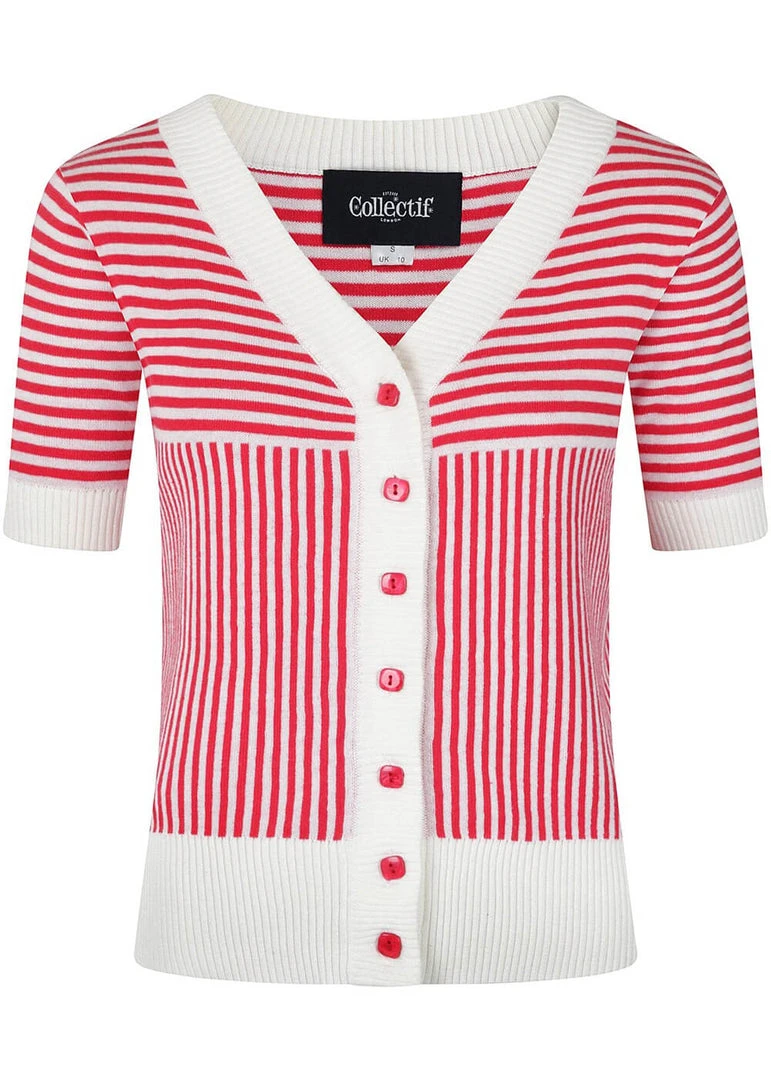 New In Collectif Ludovica Striped 40's Cardigan Red White